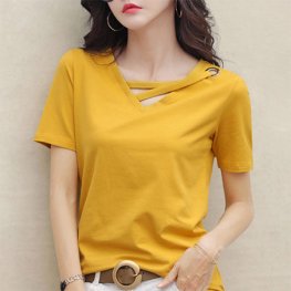 Women V-neck Loose Korean Style Yellow Casual Top