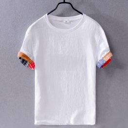 T-shirt da uomo casual in lino a maniche corte girocollo bianco