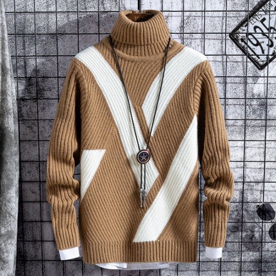 Winter Thick Warm Sweaters Men Turtleneck Casual Patchwork