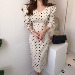 Spring Autumn Women Casual Polka Dot Print Corduroy Dress