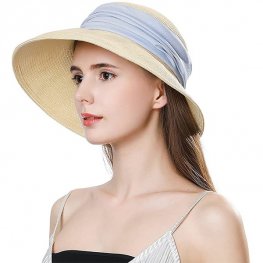 Cappello da sole da donna in paglia da spiaggia a tesa larga regolabile UPF 50+